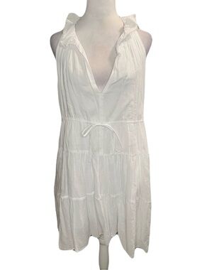 Loup Charmant Medium White Cotton V Neck Tiered Ruffle Boho Flowy Mini Dress